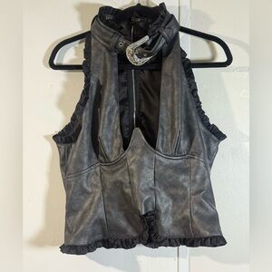 AKIRA Black Faux Leather Top with Ruffle Detail